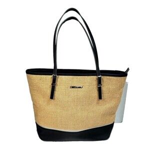 Nine West Chic Jute Office Tote Black Trim 3 Compartment Work Shoulder Bag